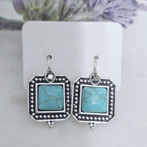 Turquoise Silver Square Dangle Earrings